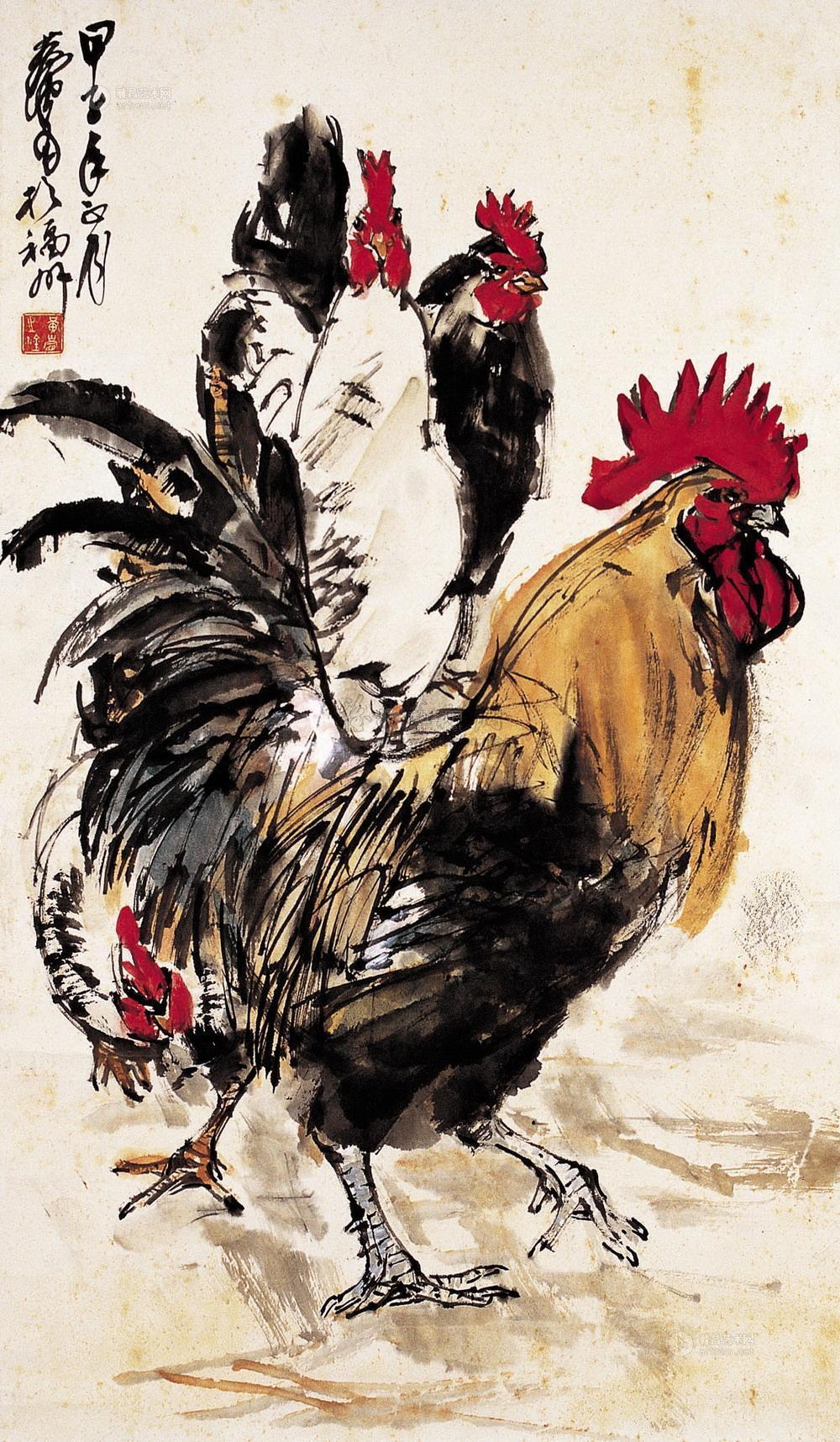 0042 甲子(1984)年作 群鸡图 立轴 设色纸本