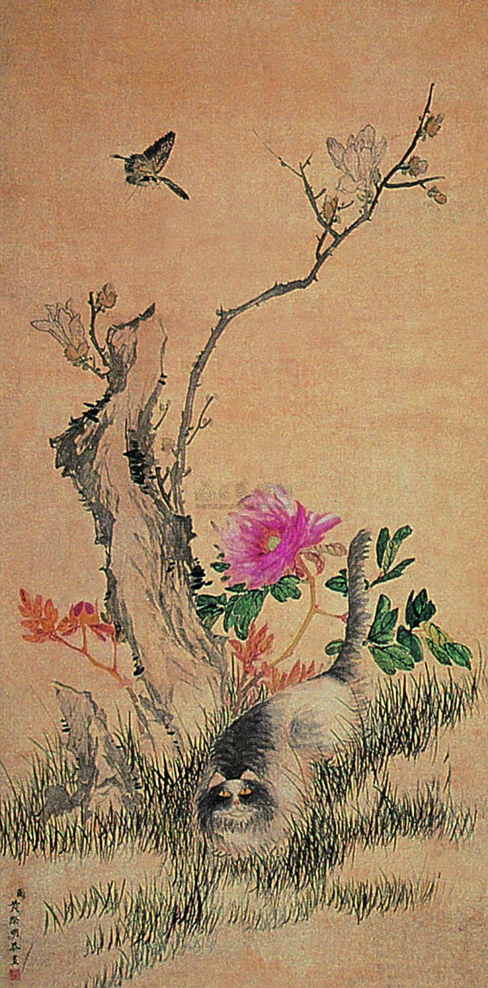 0275猫蝶富贵立轴设色绢本