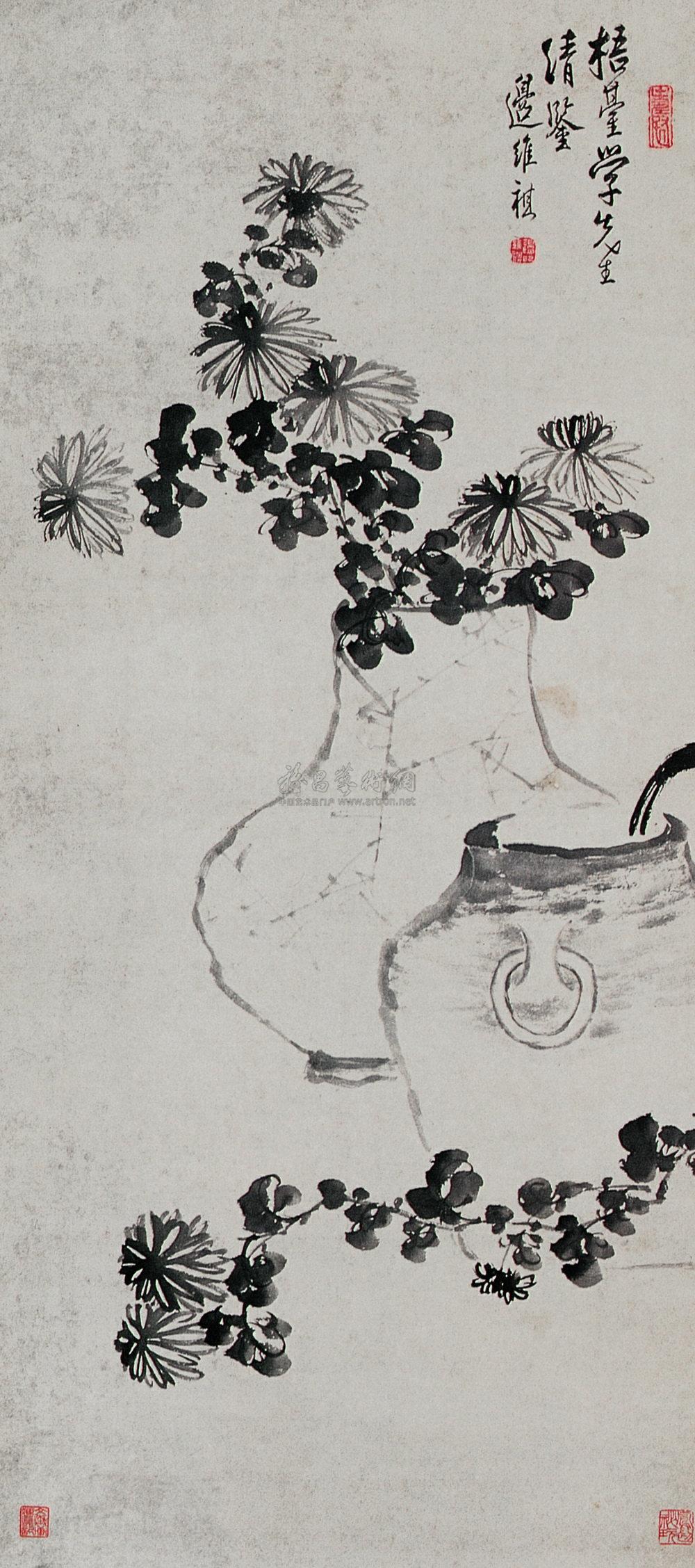 0668瓶菊立轴水墨纸本