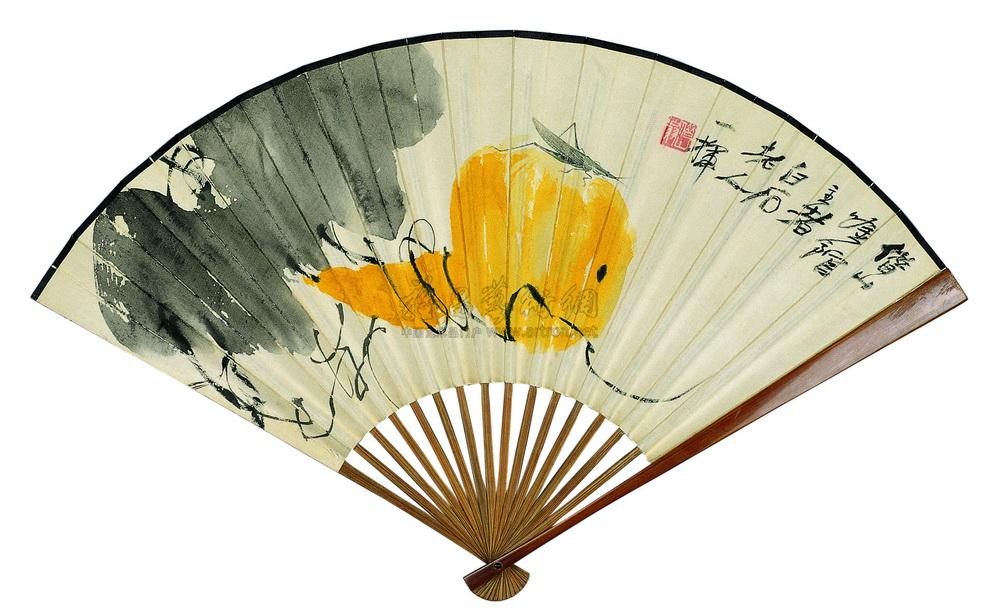 04011948年作葫芦草虫成扇设色纸本