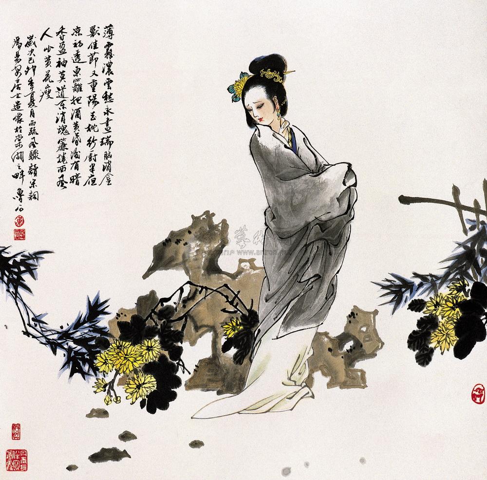 0075 己卯(1999年)作 人比黄花瘦 立轴 纸本设色