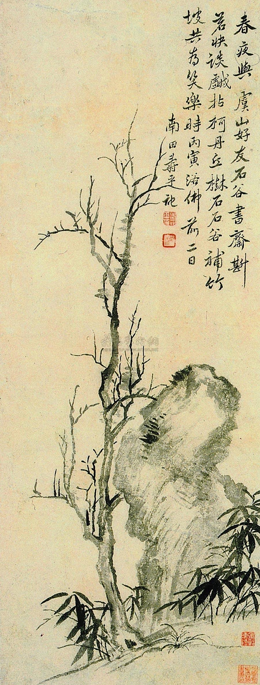 【丙寅(1686)年作 枯木竹石图 立轴 纸本墨笔】拍卖品_图片_价格_鉴赏_绘画_雅昌艺术品拍卖网