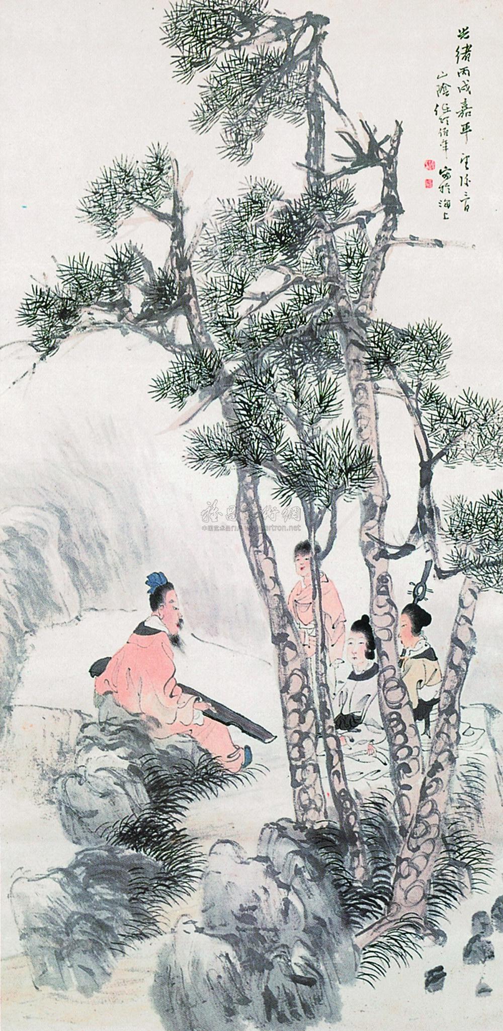 060 光绪丙戌嘉平(1886年)作 松下听琴图 立轴 设色纸本