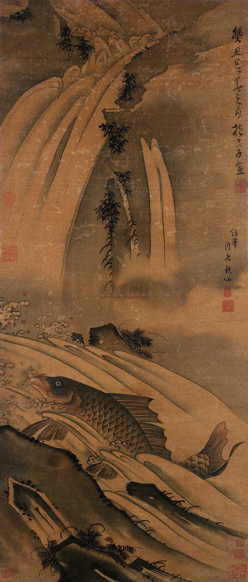 0341鲤鱼跳龙门立轴水墨绢本