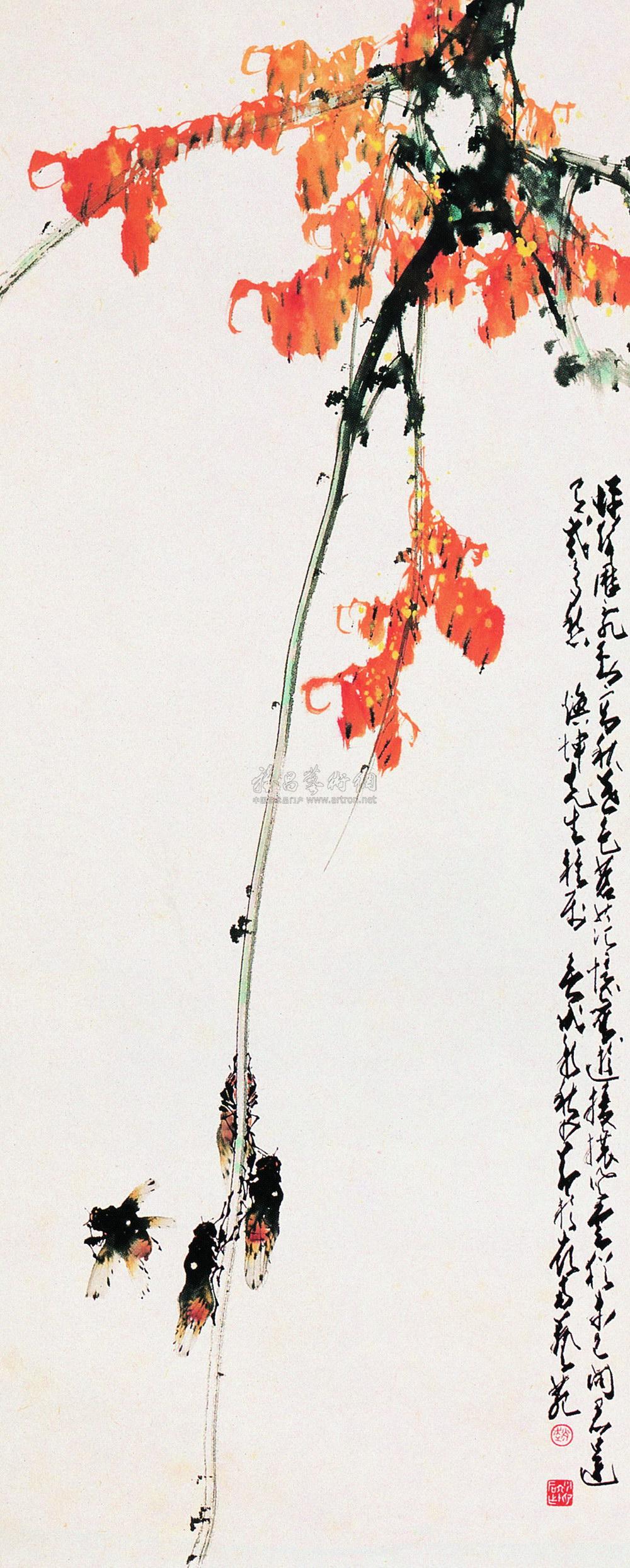 0235 一九七○年作 秋蝉红叶 立轴 设色纸本