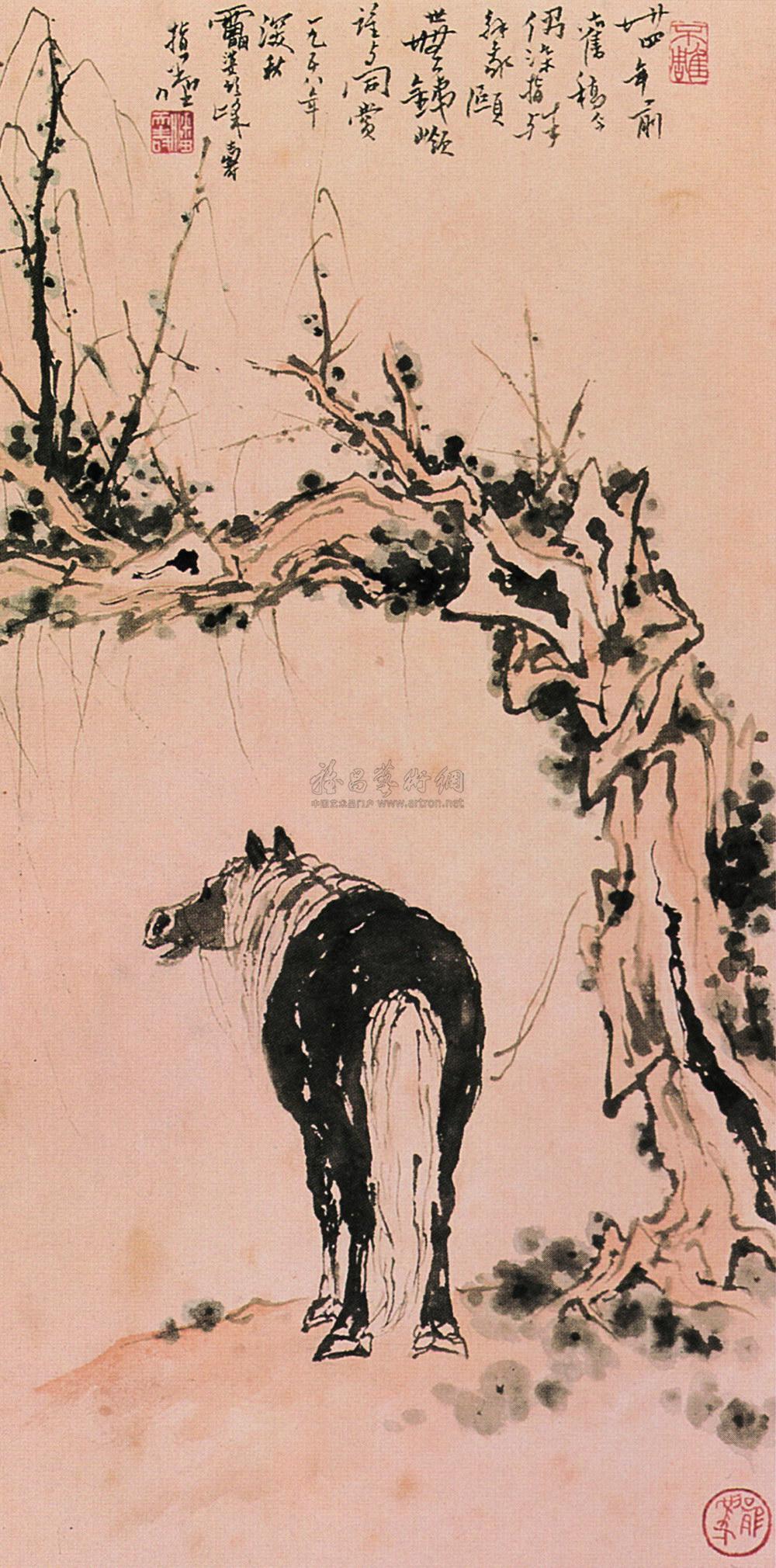 【1958年作 古樹老馬 鏡心 設色紙本】拍賣品_圖片_價格_鑑賞_繪畫