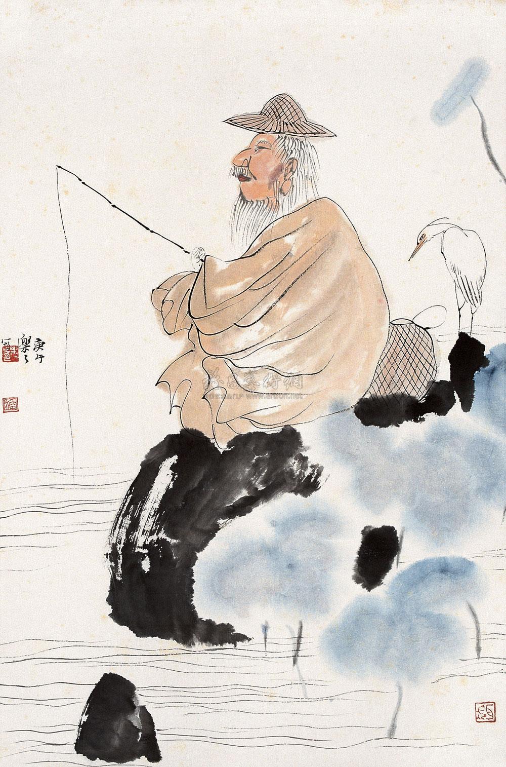 0221 1990年作 渔夫图 立轴 设色纸本