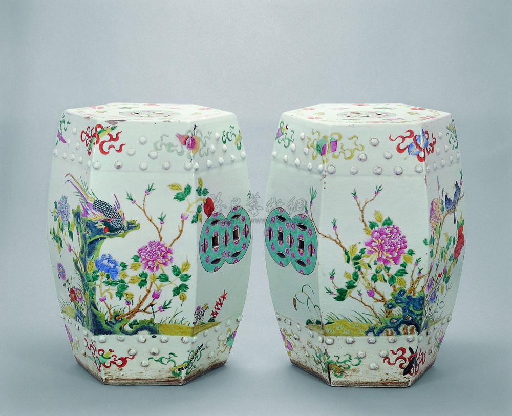 【清 粉彩花鸟纹六角鼓凳 (一对)】拍卖品_图片_价格_鉴赏_清代粉彩