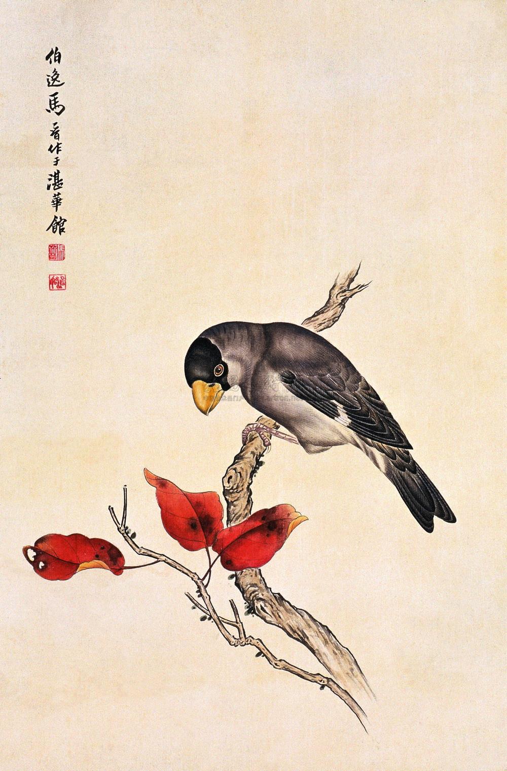 0016蜡嘴红叶镜心设色绢本