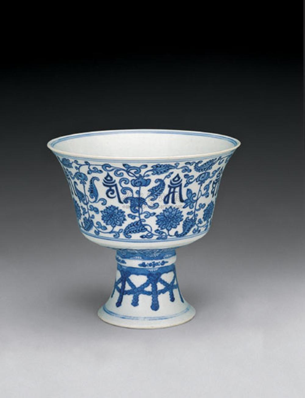 【清道光 青花六字真言莲纹高足碗】拍卖品_图片_价格_鉴赏_清代青花
