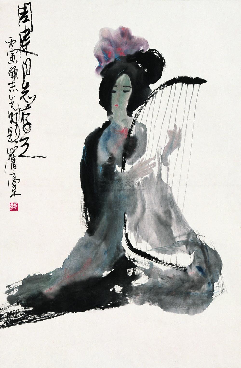 0307 丙寅(1986)年作 弹琴仕女 镜心 设色纸本