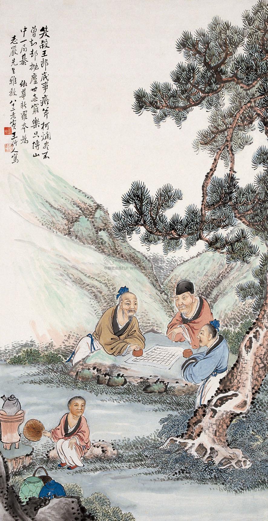 0088 对弈图 立轴 设色纸本