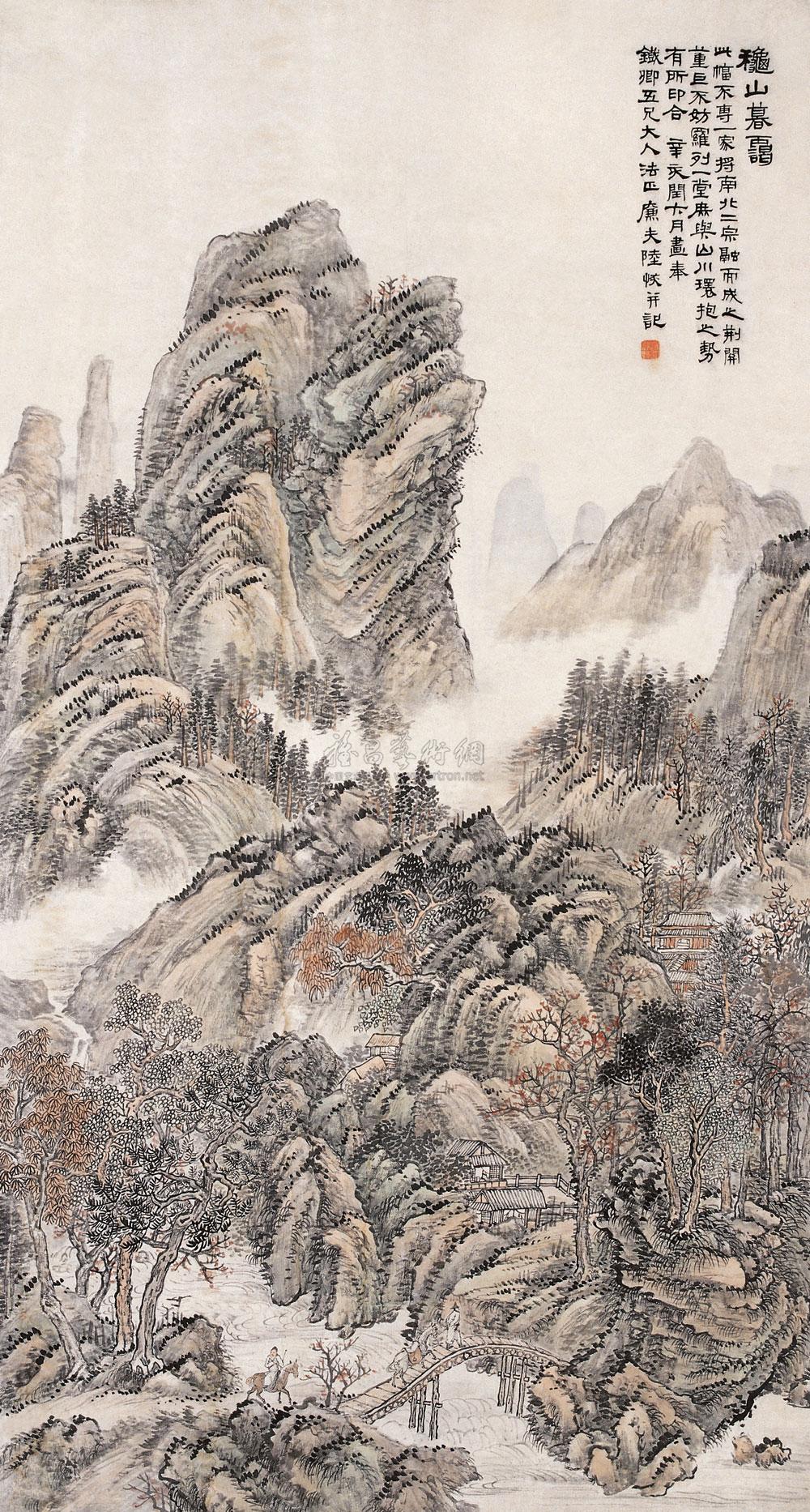 【1911年作 秋山暮霭图 立轴 设色纸本】拍卖品_图片_价格_鉴赏_绘画_雅昌艺术品拍卖网