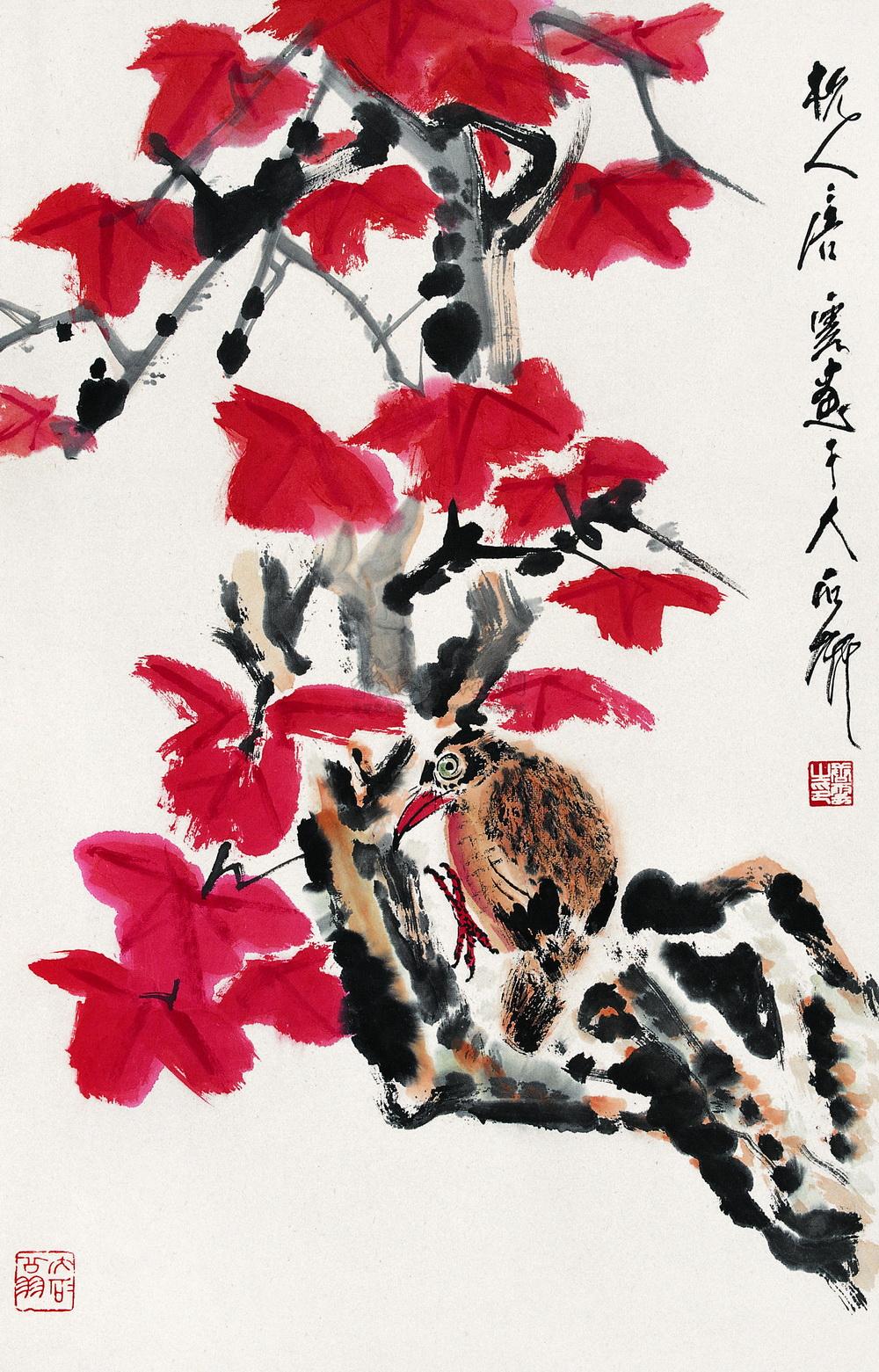 0256枫叶小鸟立轴设色纸本