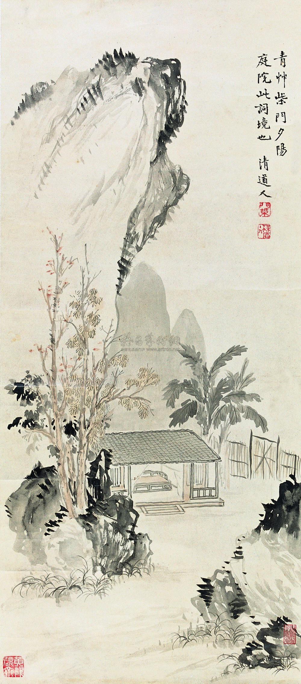 582柴门庭院图立轴设色纸本