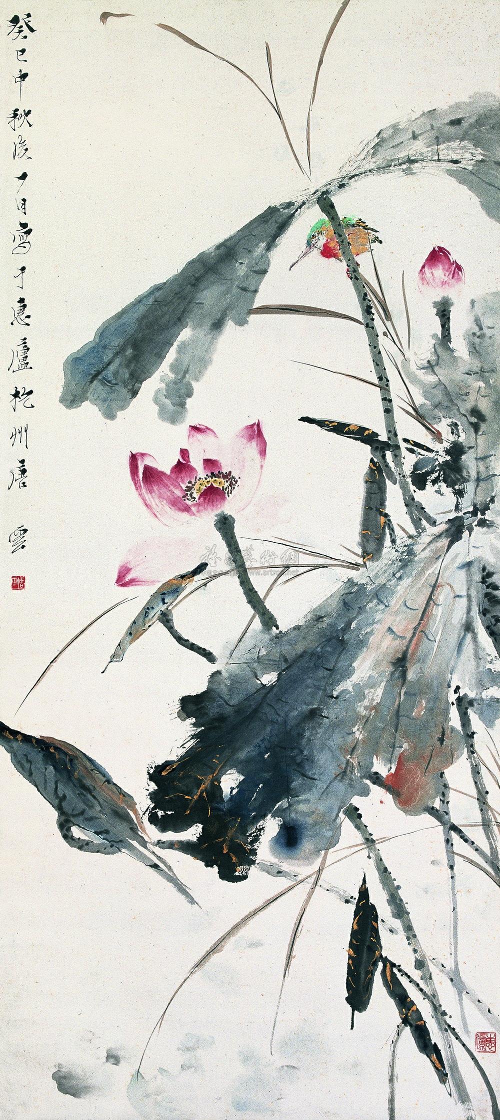 0926 1953年作 荷花翠鸟 立轴 设色纸本