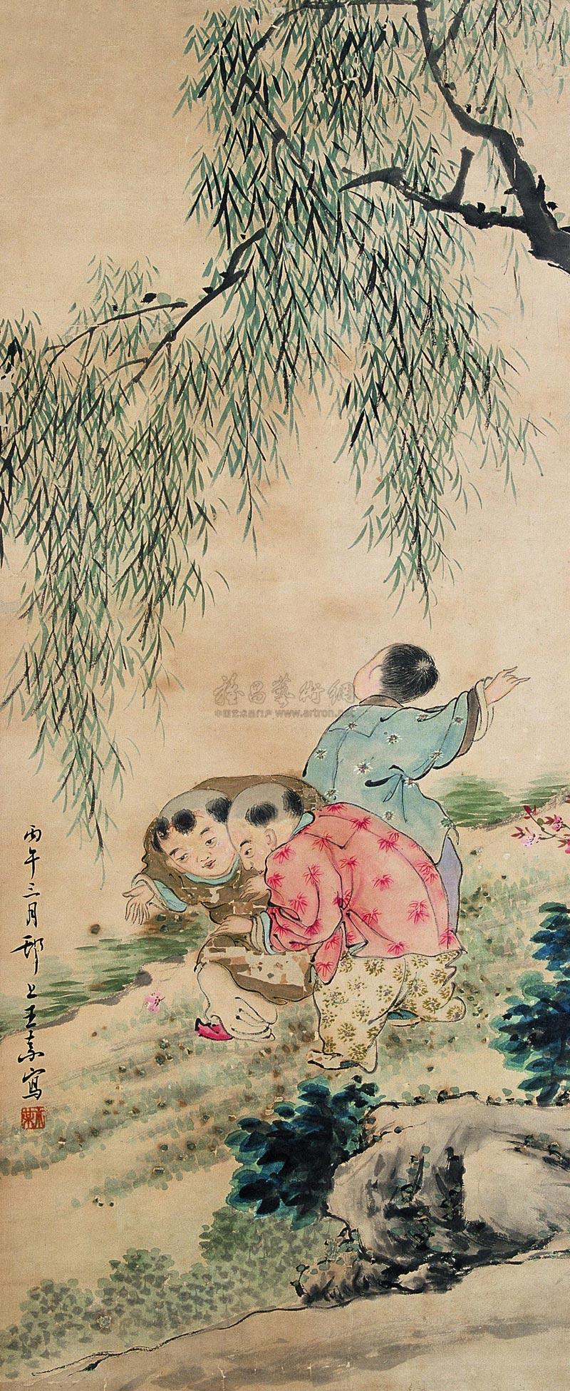 194婴戏柳树图立轴设色纸本