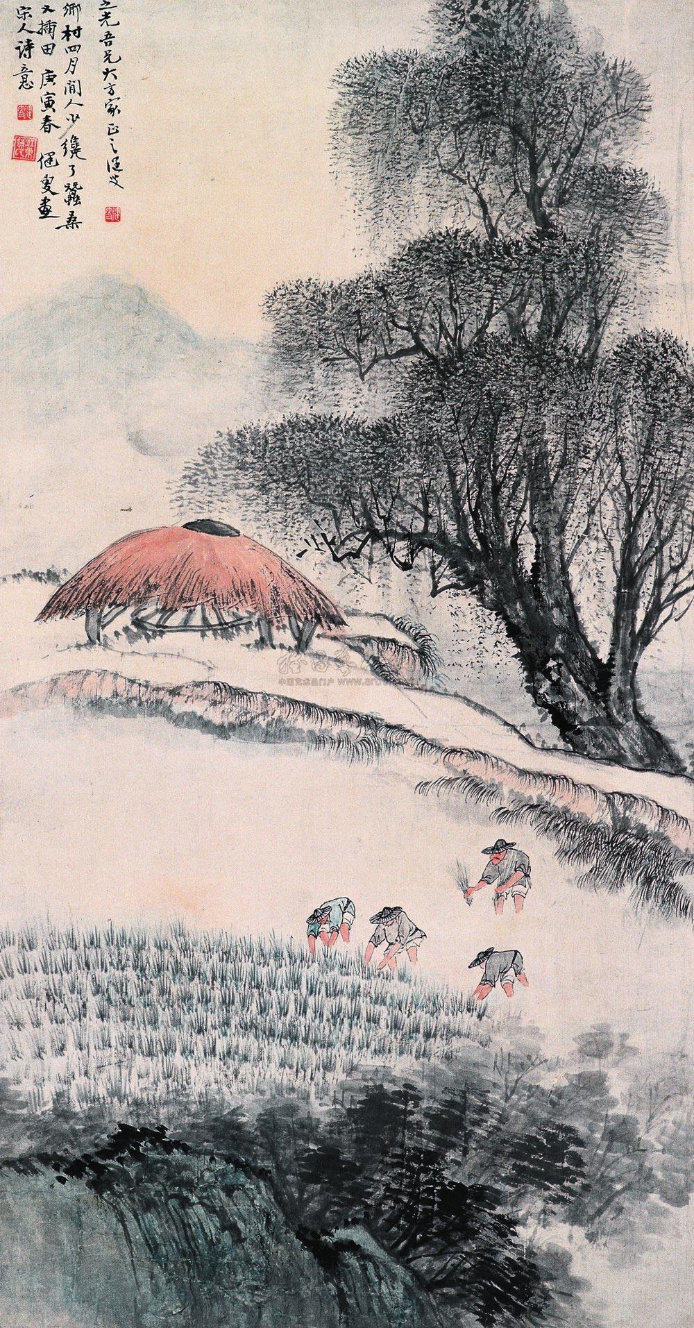 0223 庚寅(1950年)作 插秧图 立轴 设色纸本