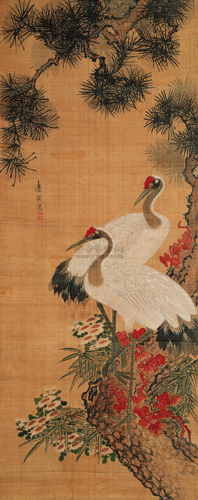 1528松鹤延年立轴设色绢本