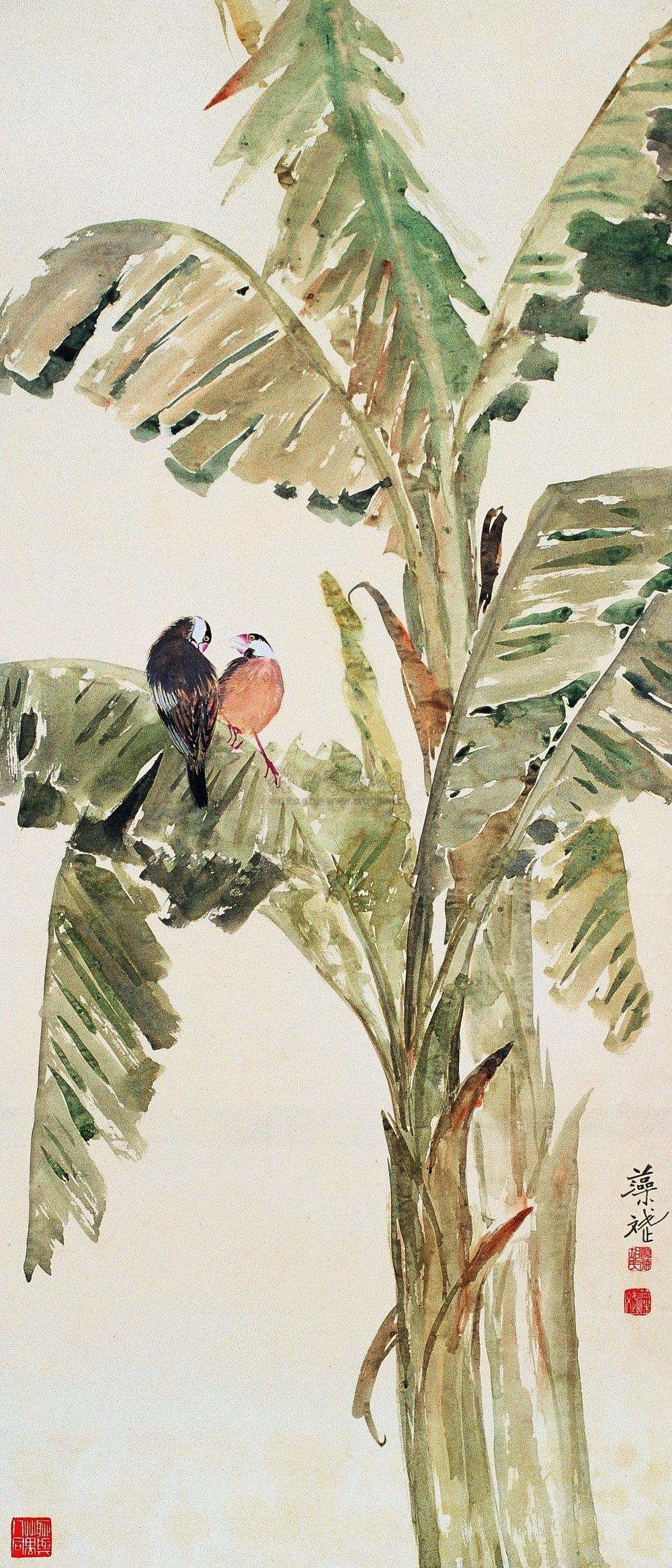 1205芭蕉双雀立轴设色纸本