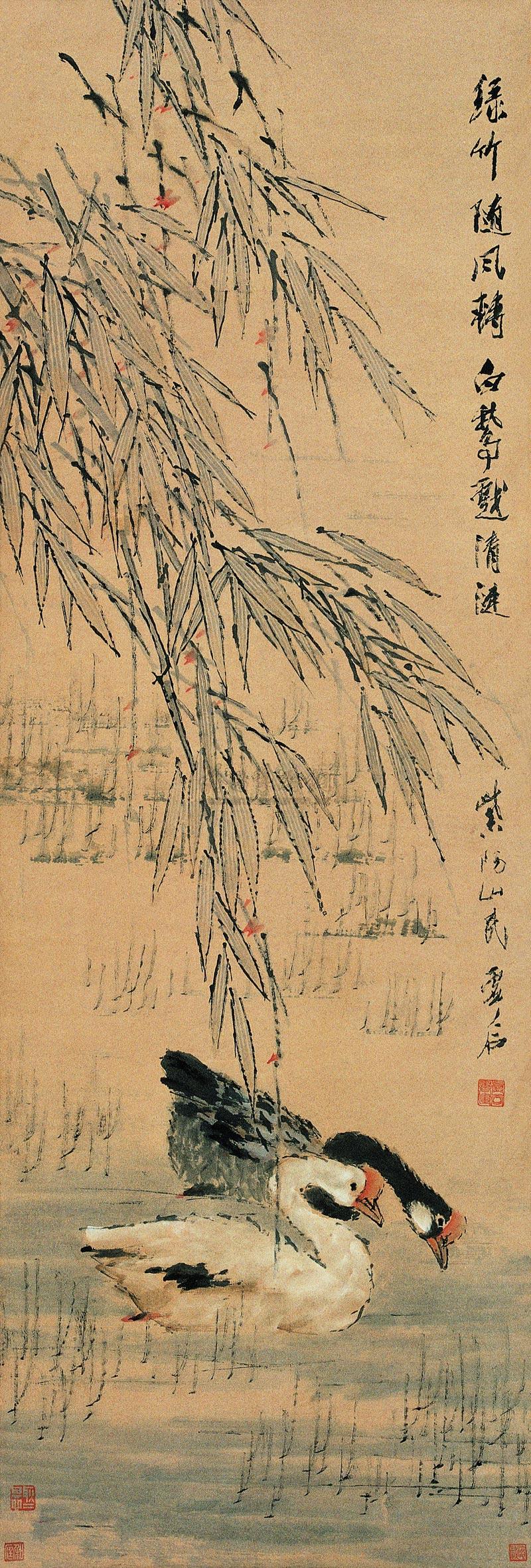 0014 白鹅戏水图 立轴 纸本,设色