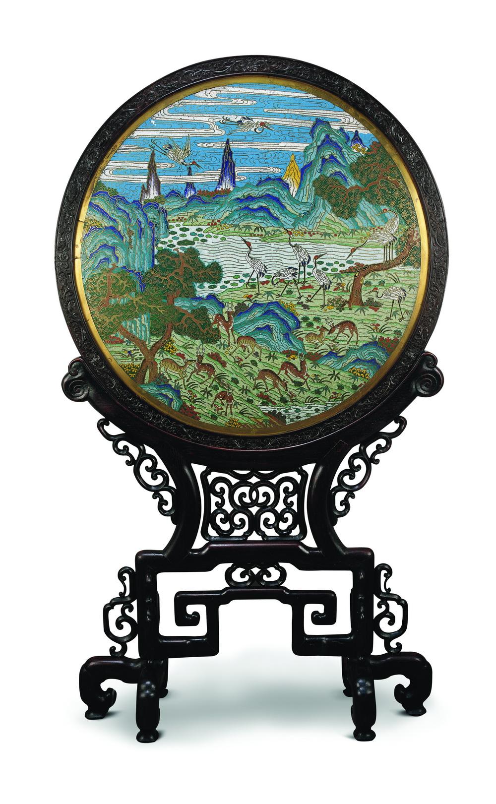 1487 清 景泰蓝鹤鹿同春插屏