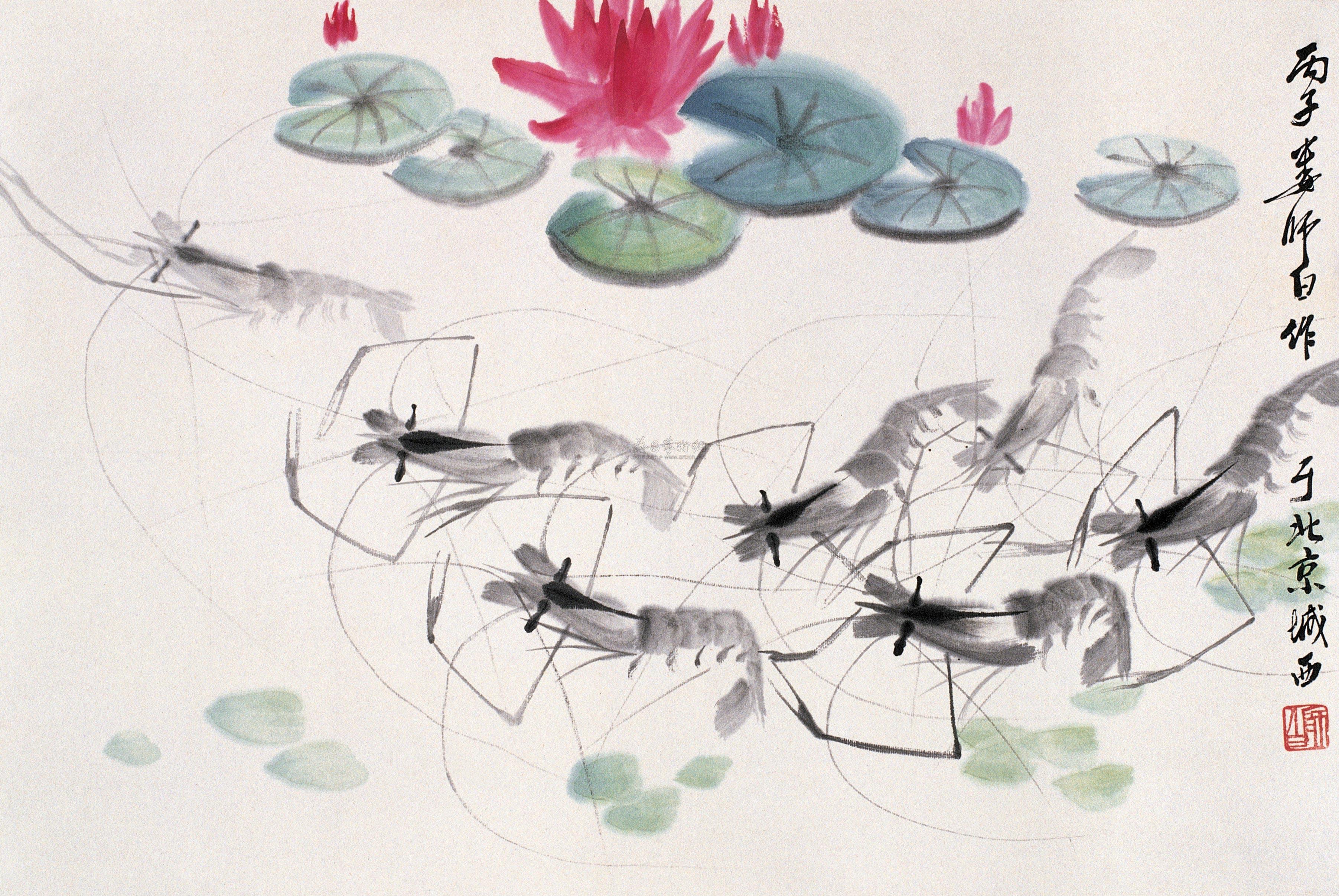 0014 1996年作 荷塘虾趣 立轴 设色纸本