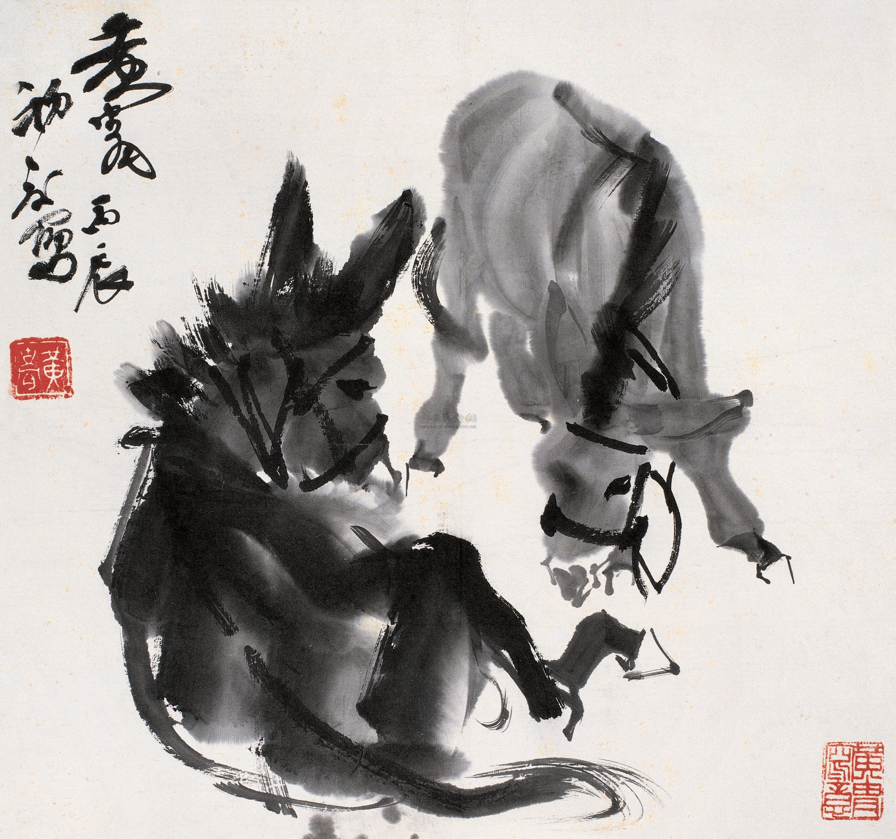 0122 1976年作 双驴图 立轴 水墨纸本