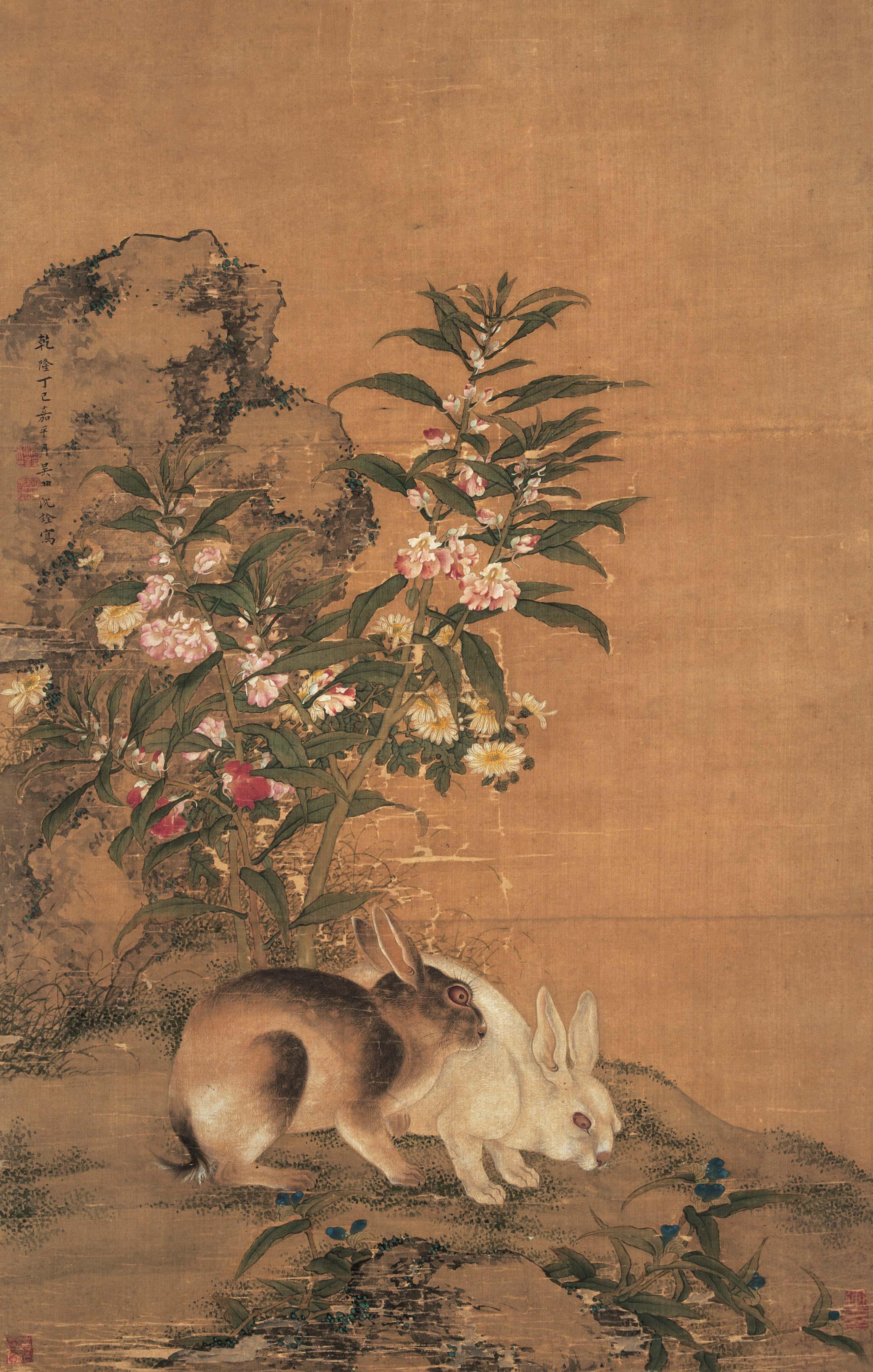 1746凤仙花双兔立轴绢本