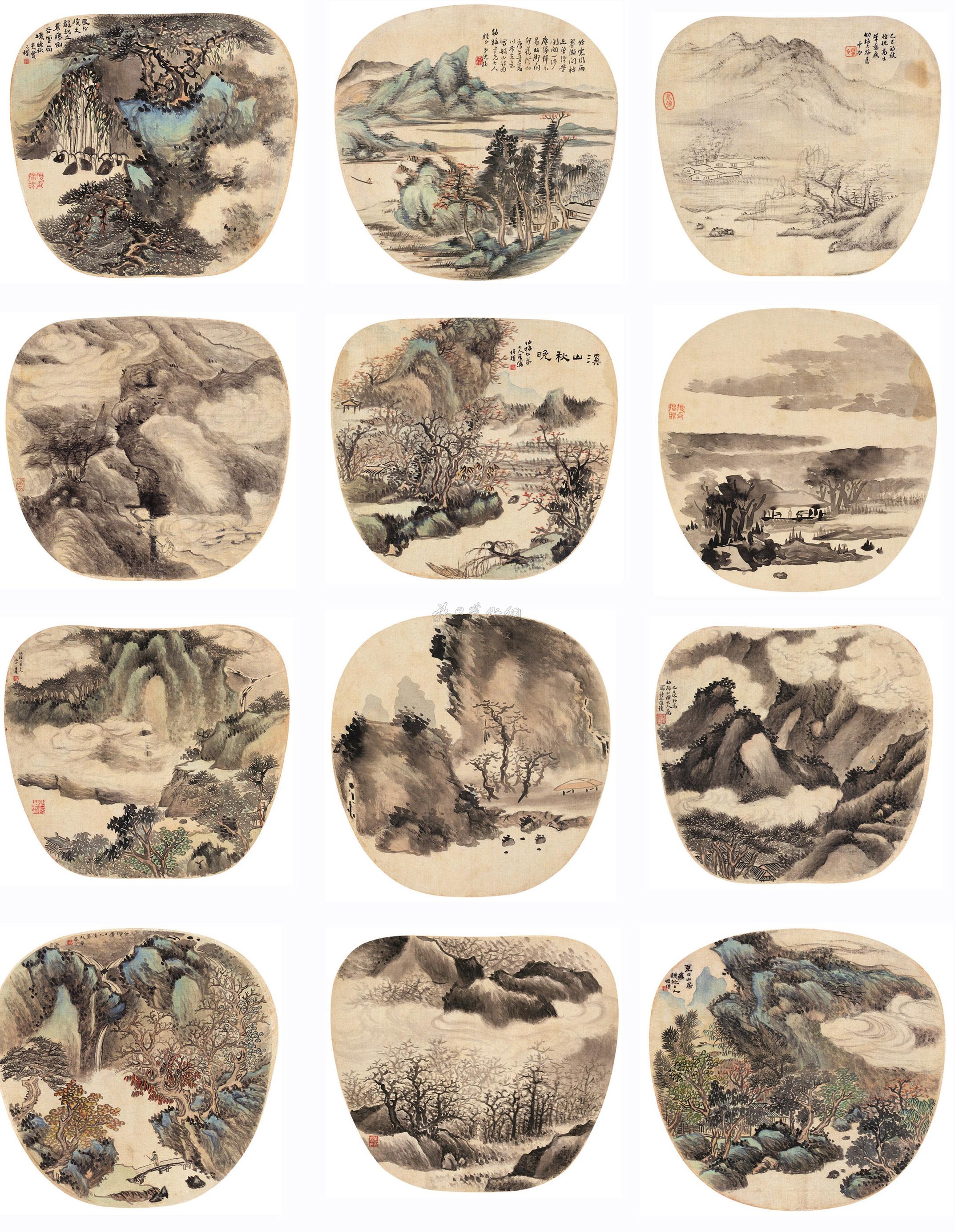 0165 1869年-1870年作 三家团扇山水合册 (十二开) 设色纸本
