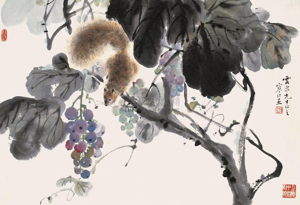 0278葡萄松鼠镜心设色纸本