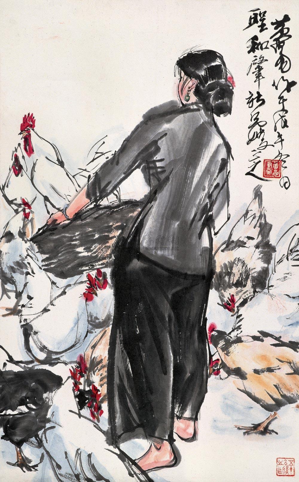 0608戊午1978年作饲鸡图立轴设色纸本