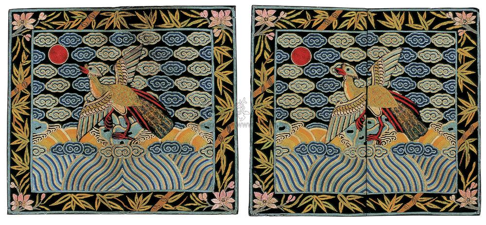 1903 清 黑地钉线绣孔雀三品补子 (一对)