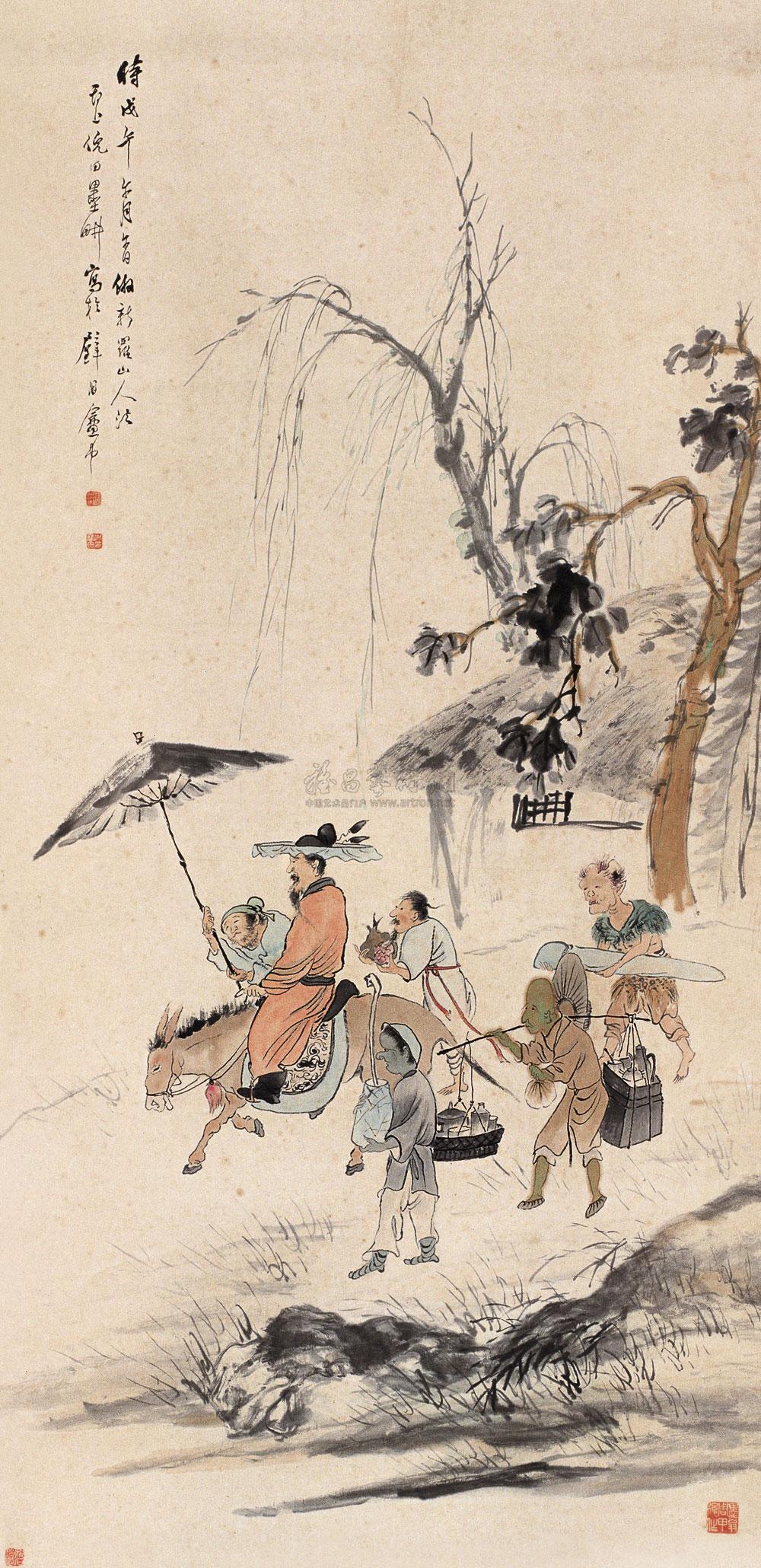 0199 1918年作 钟馗出行图 立轴 设色纸本