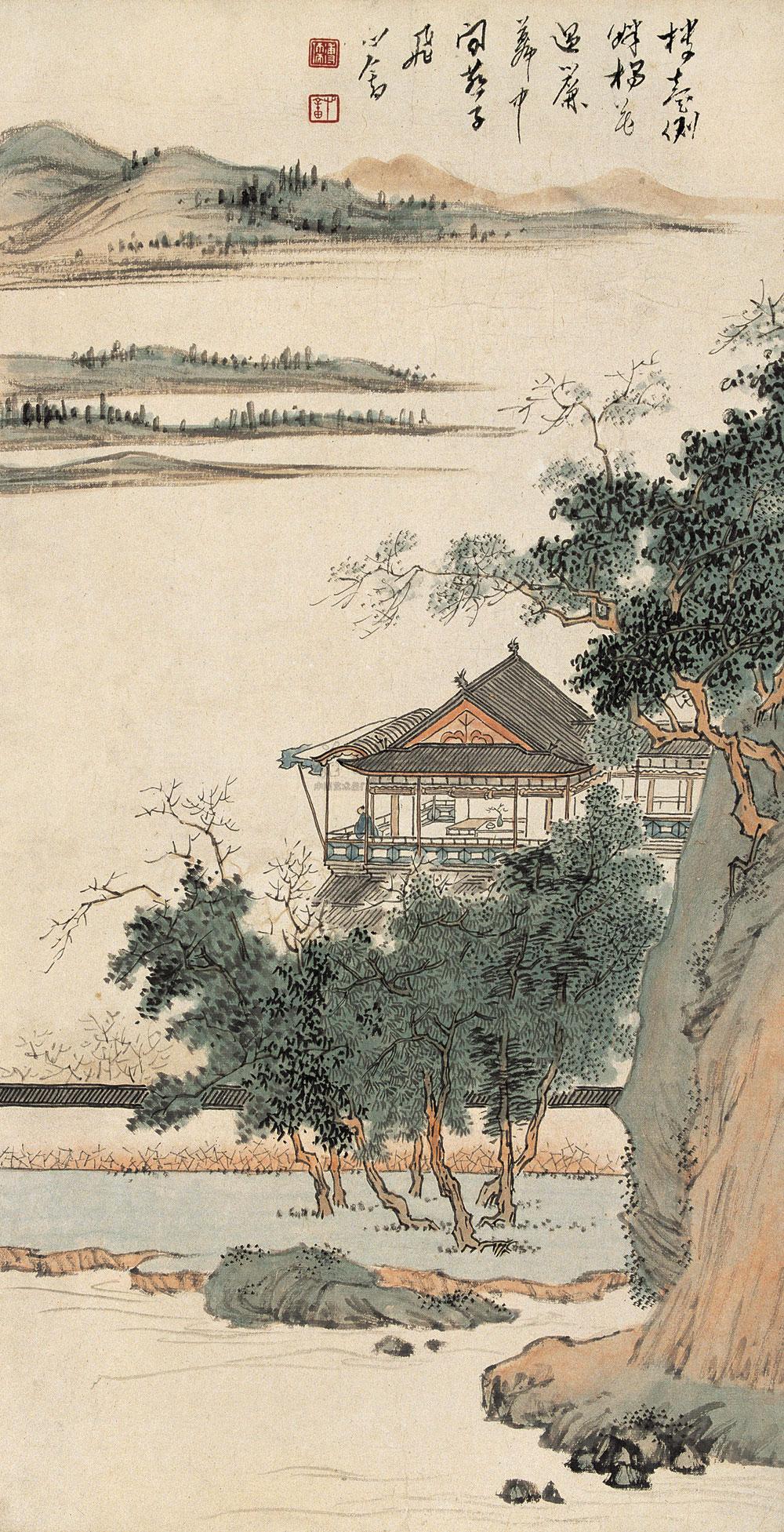 1080 山水楼阁 立轴 设色纸本