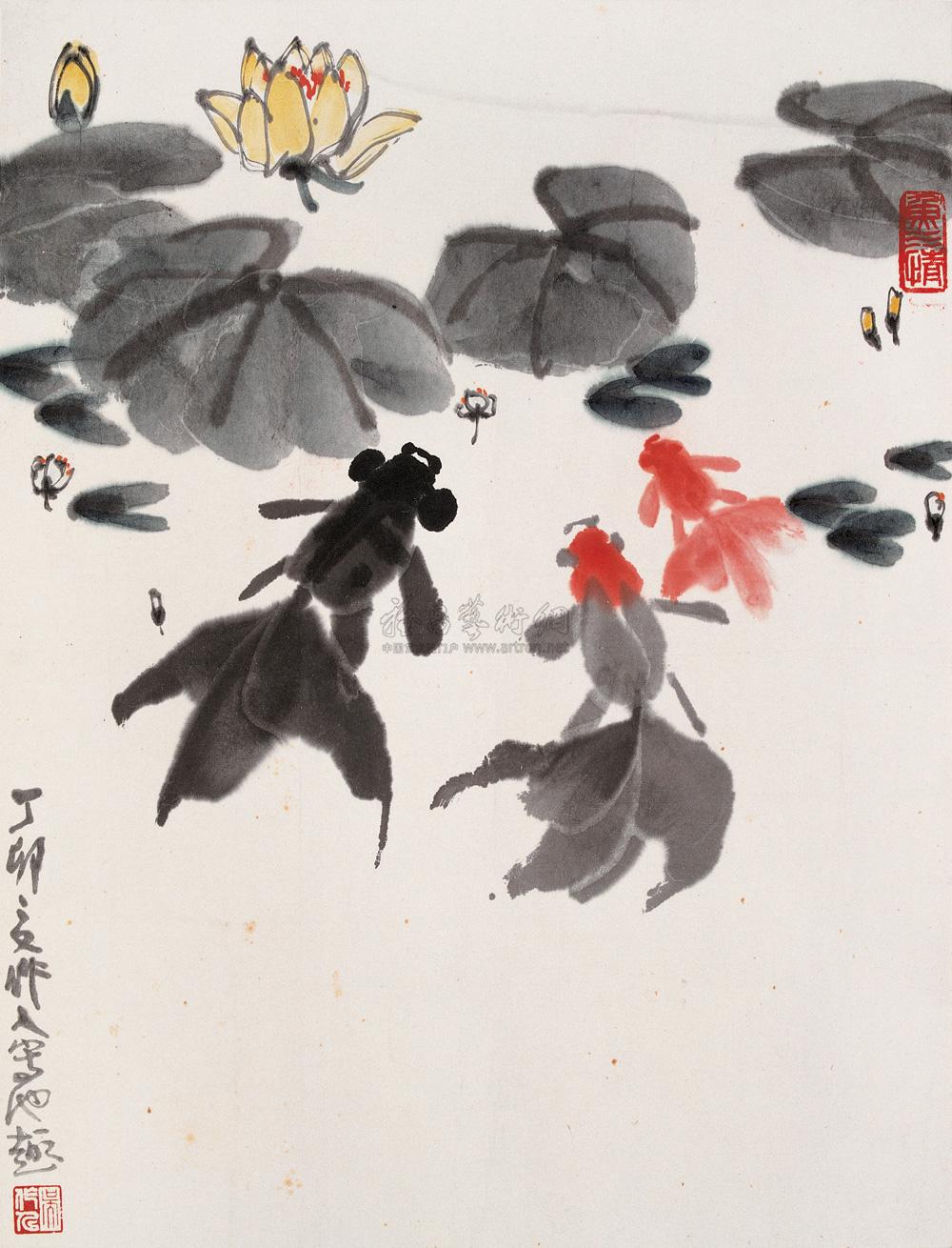 1744 1987年作 金鱼莲花 镜心 设色纸本