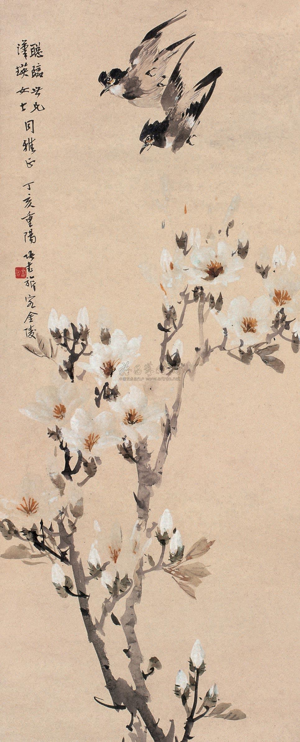 0168玉兰花鸟立轴设色纸本