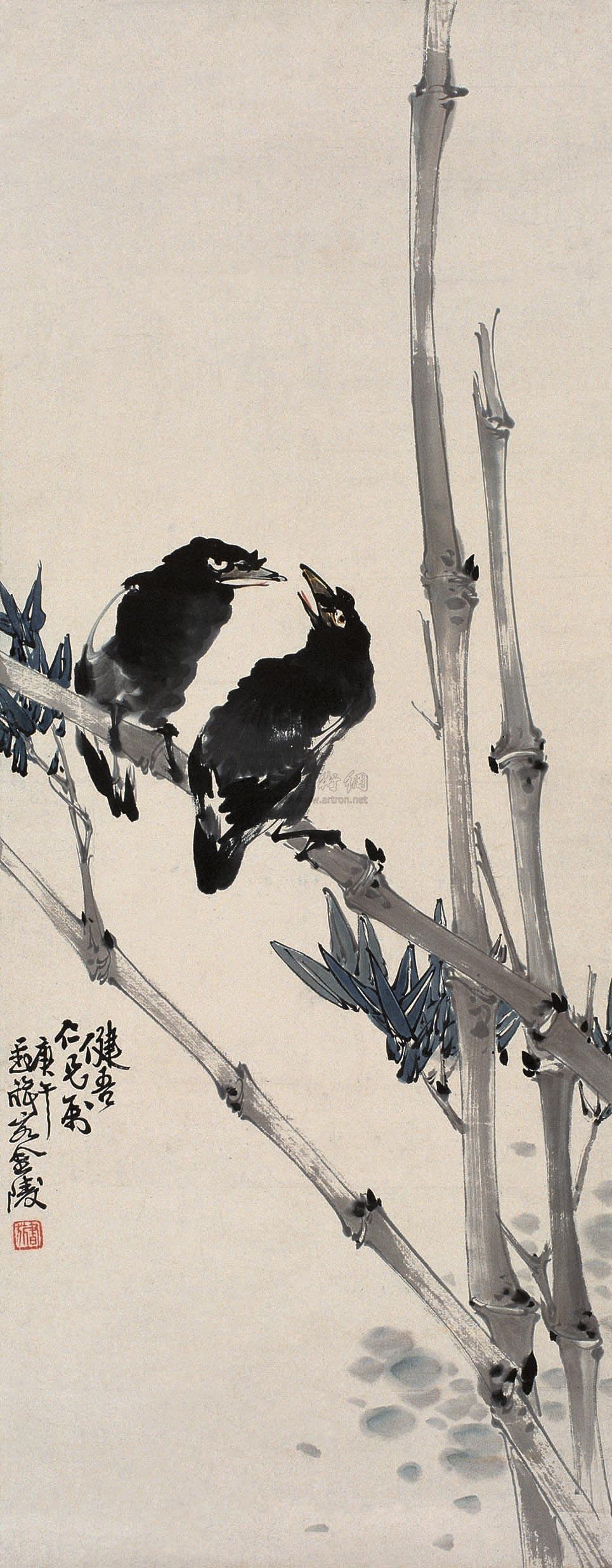 0169八哥双竹立轴设色纸本