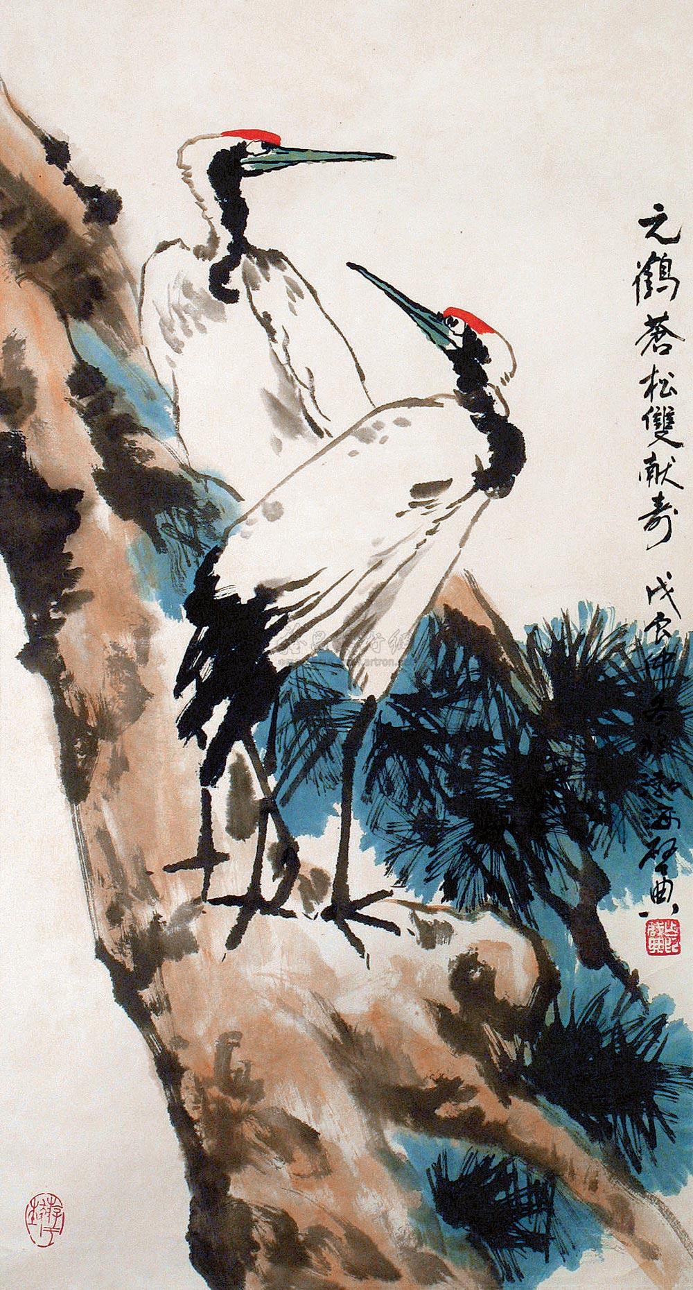 0378松鹤延年镜心设色纸本