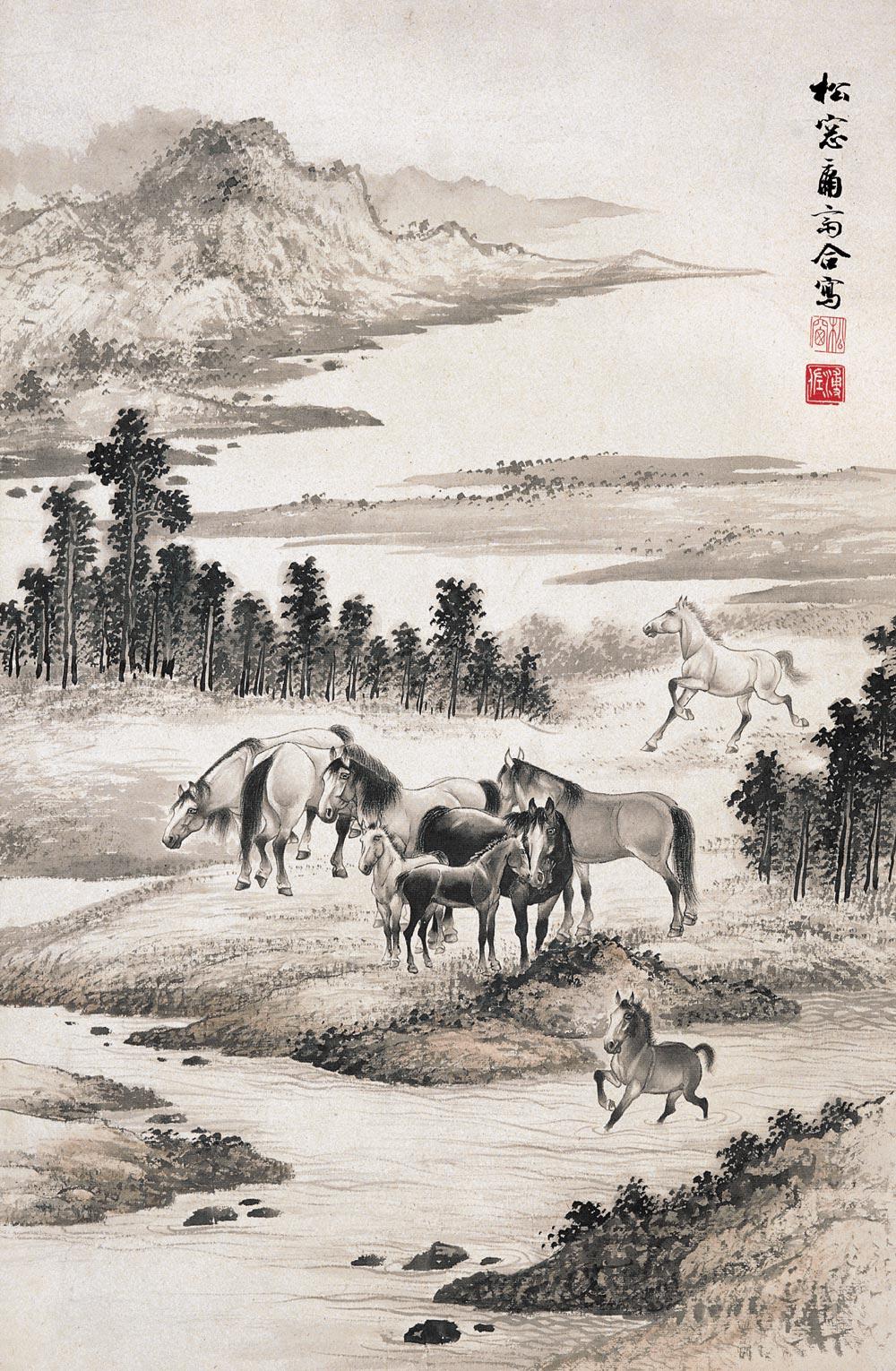 0217群马图立轴纸本水墨