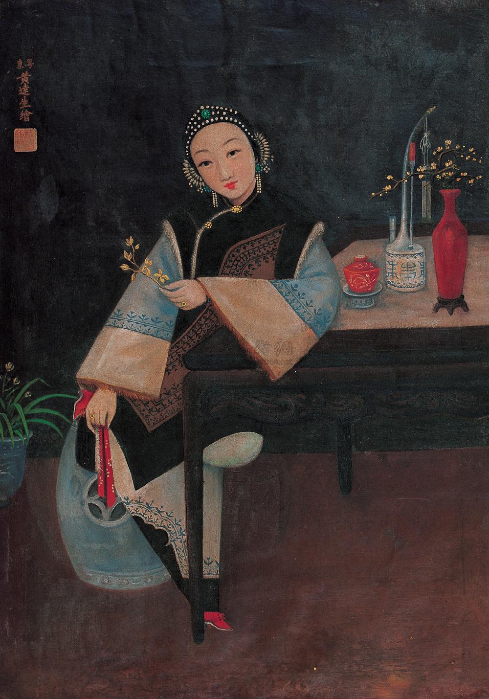 0803清持花仕女布面油画