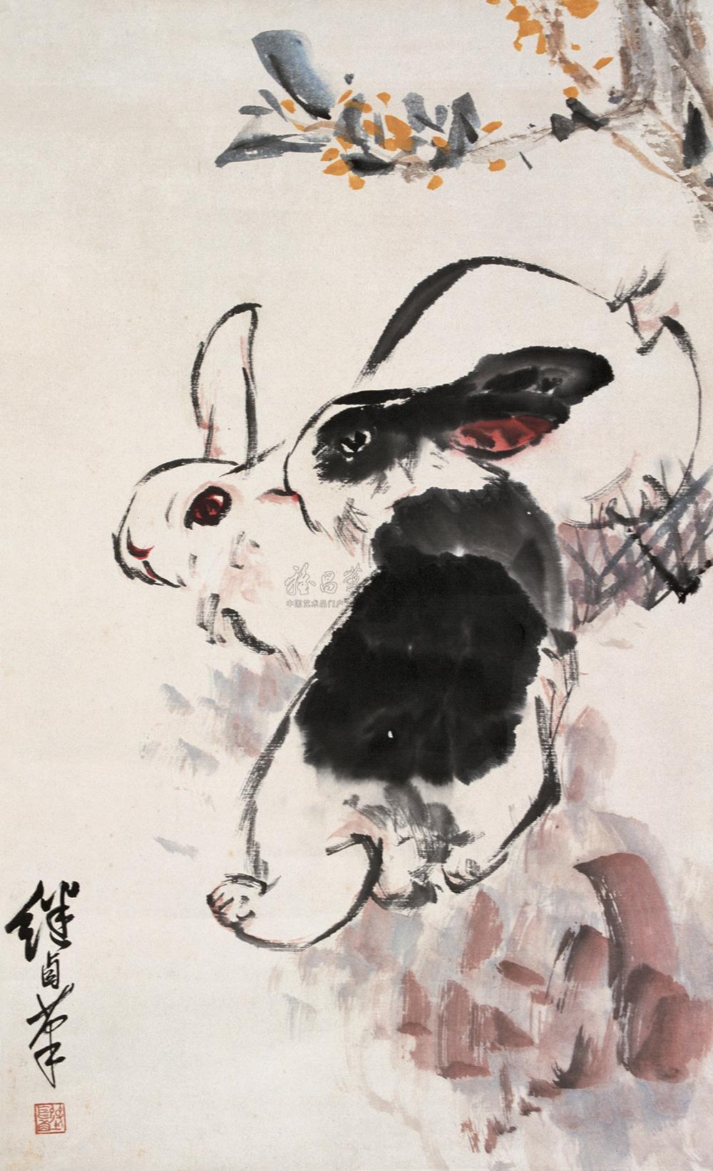 0214 双兔 立轴 设色纸本