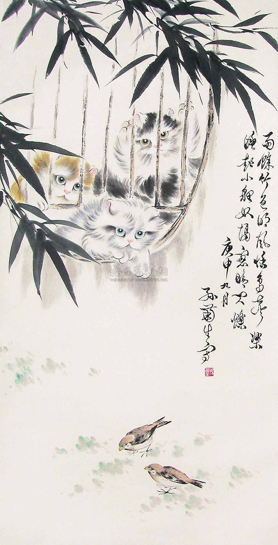 0215群猫双雀图立轴设色纸本