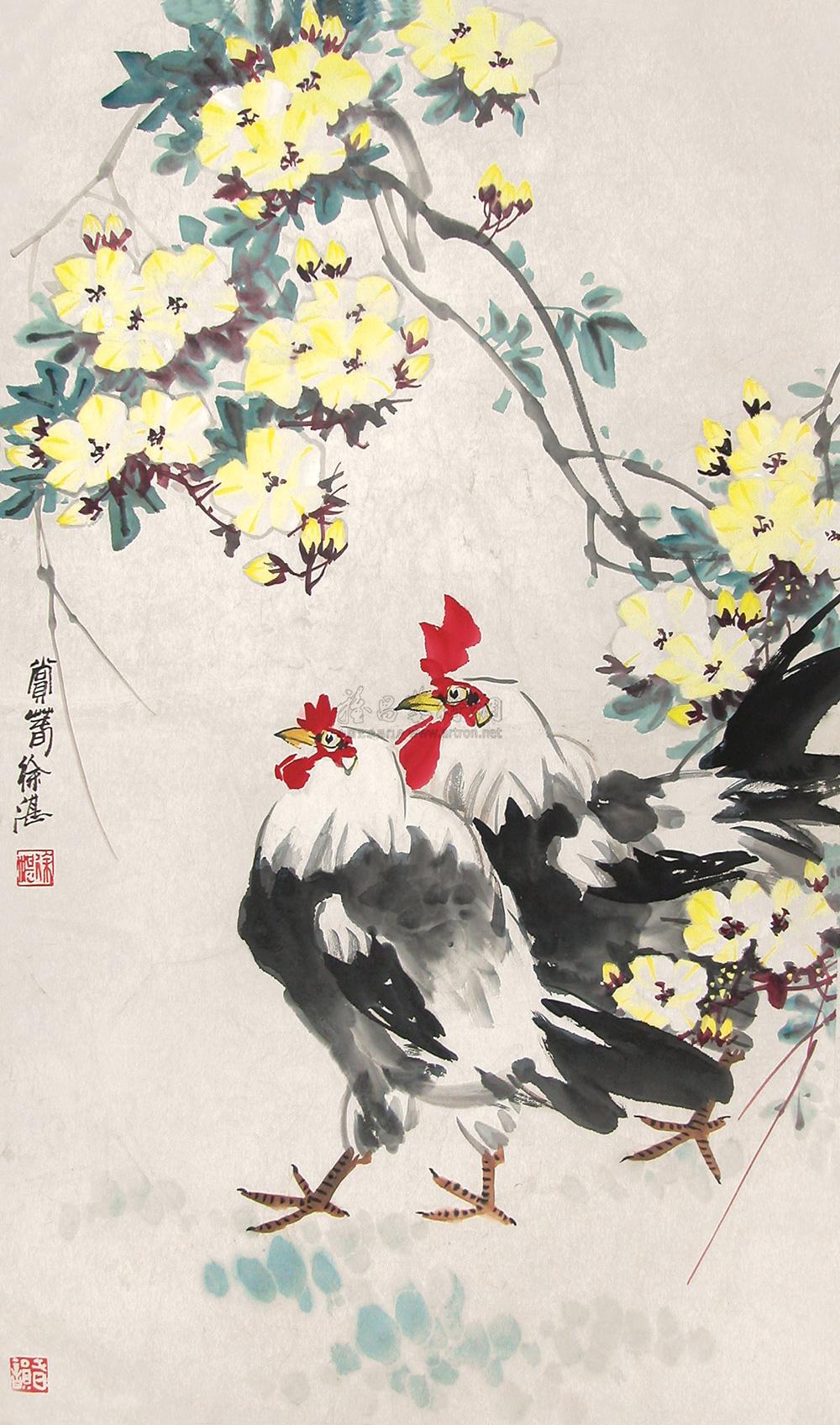 0480花下双鸡图立轴设色纸本