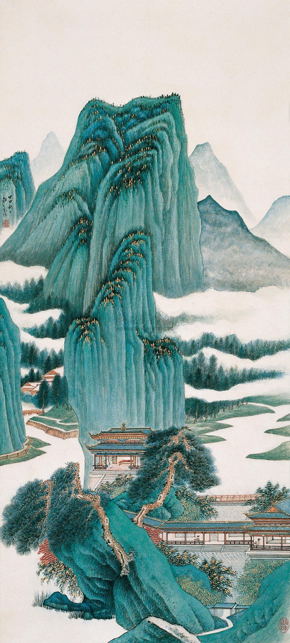 01972004年作临张大千仿赵大年山水镜心设色纸本