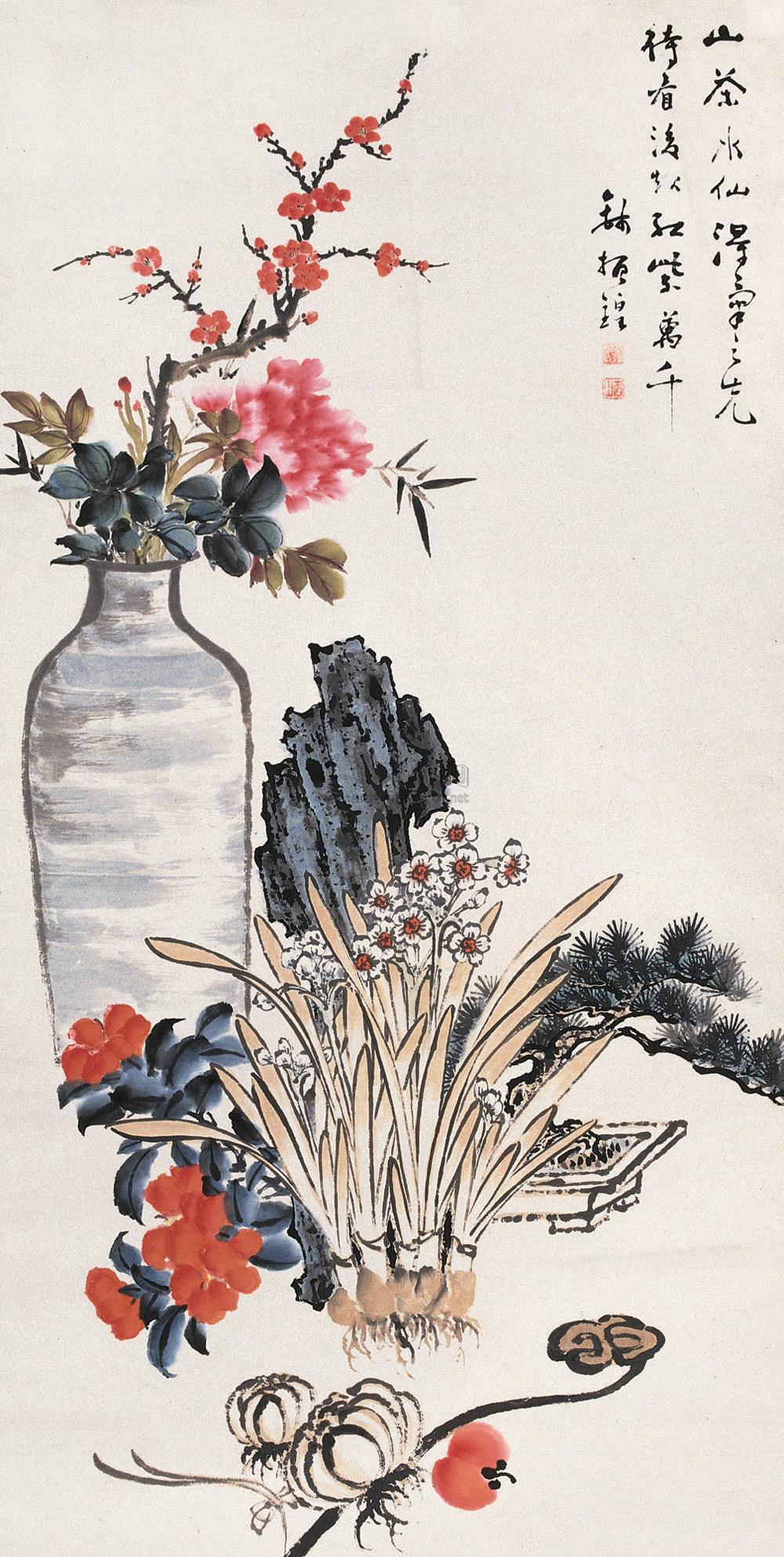0226山茶水仙立轴设色纸本