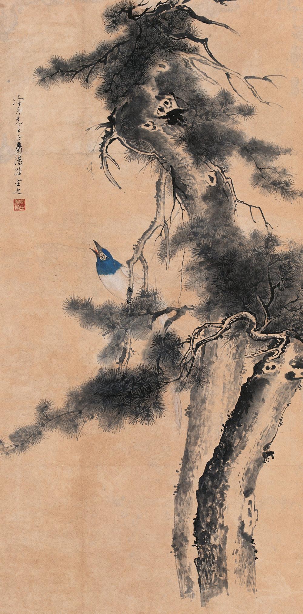 0251松树鸣禽立轴设色纸本