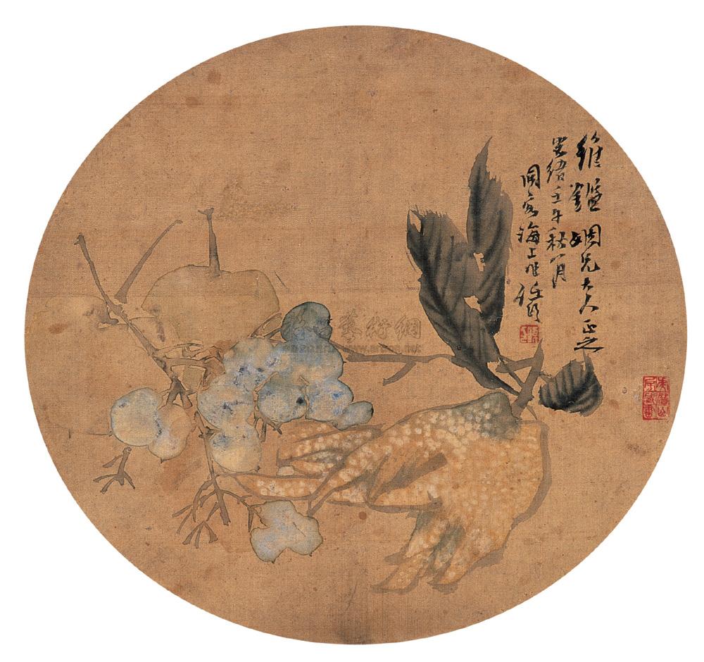 0388壬午1882年作佛手葡萄扇面设色绢本
