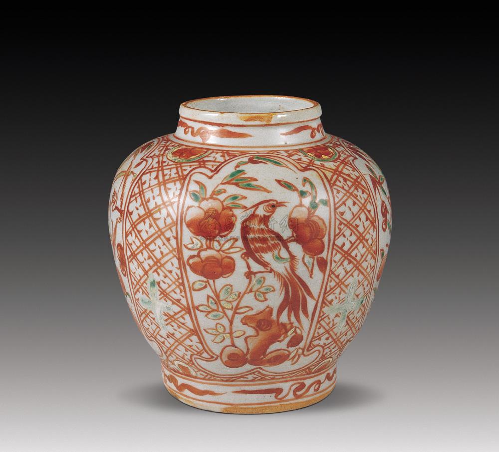 0540 明晚期 红绿彩开光花鸟纹罐