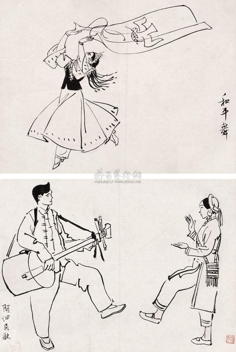 0286白描民族舞镜心纸本